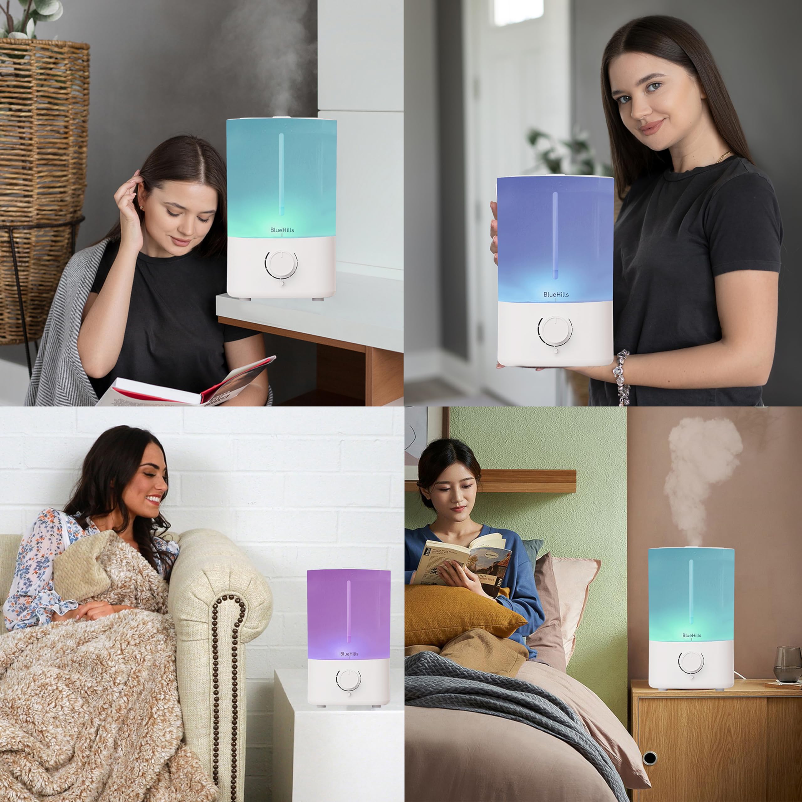 BlueHills diffuser with seven color LED lighting for mood lighting options.