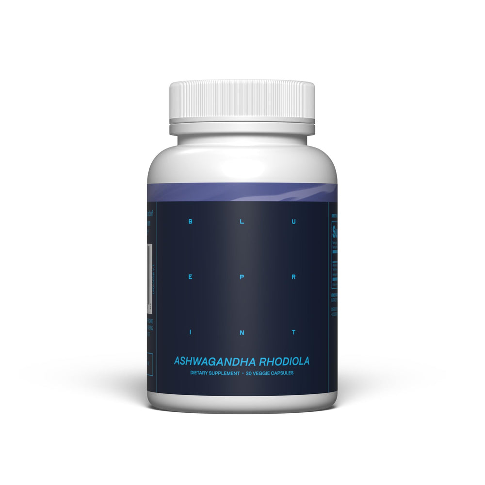 Blueprint Bryan Johnson Ashwagandha & Rhodiola bottle showing daily stress support and balance