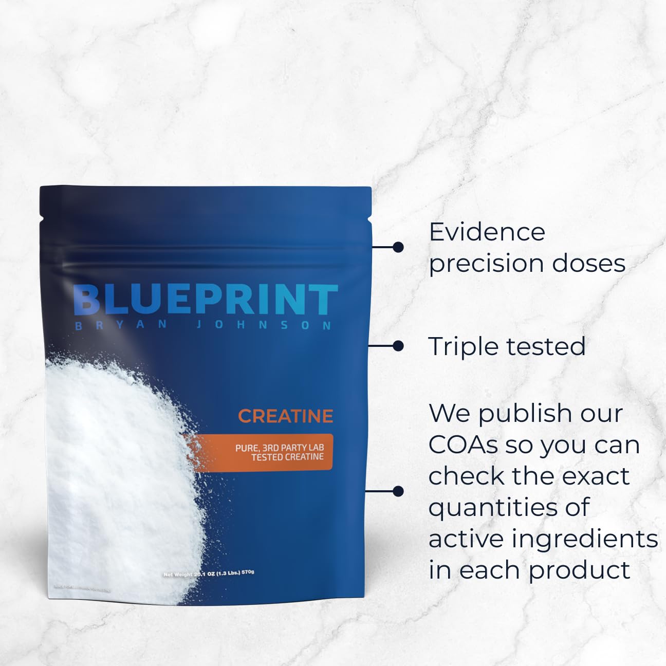 Included scoop measures 5g to help consistent dosing with Blueprint Bryan Johnson Creatine Monohydrate.