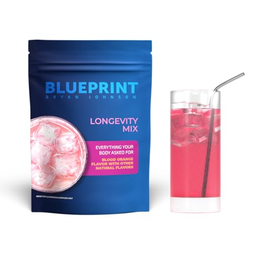 Blueprint Bryan Johnson Longevity Mix bottle front, plant-based daily nutrition for vitality.