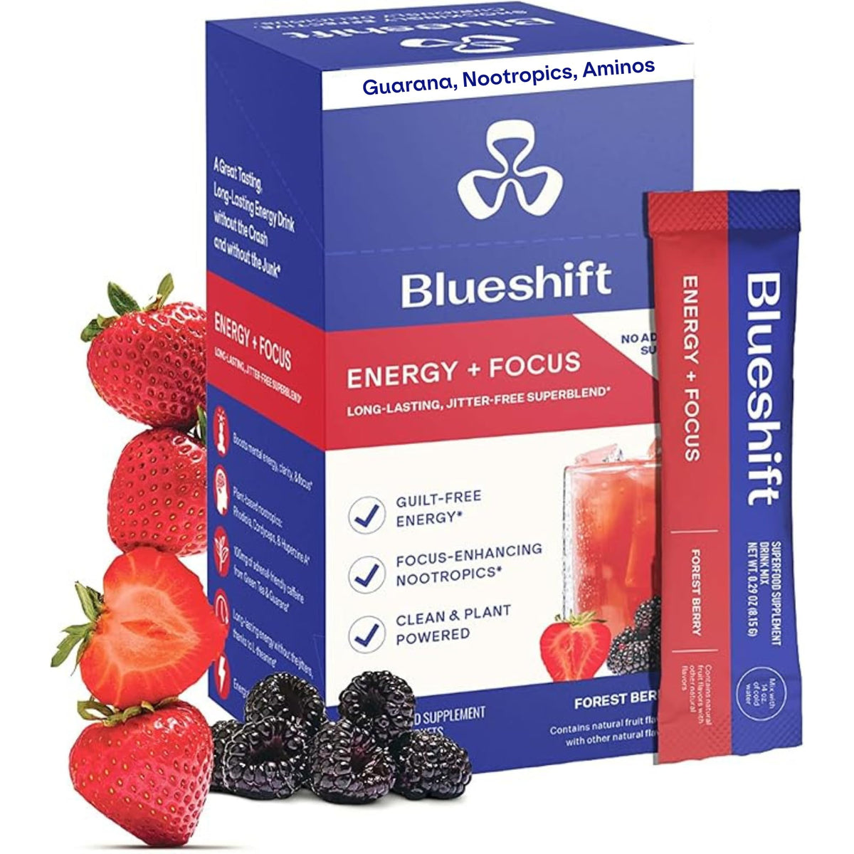 Blueshift energy-focus powder packet for on-the-go, clean energy and sustained focus.