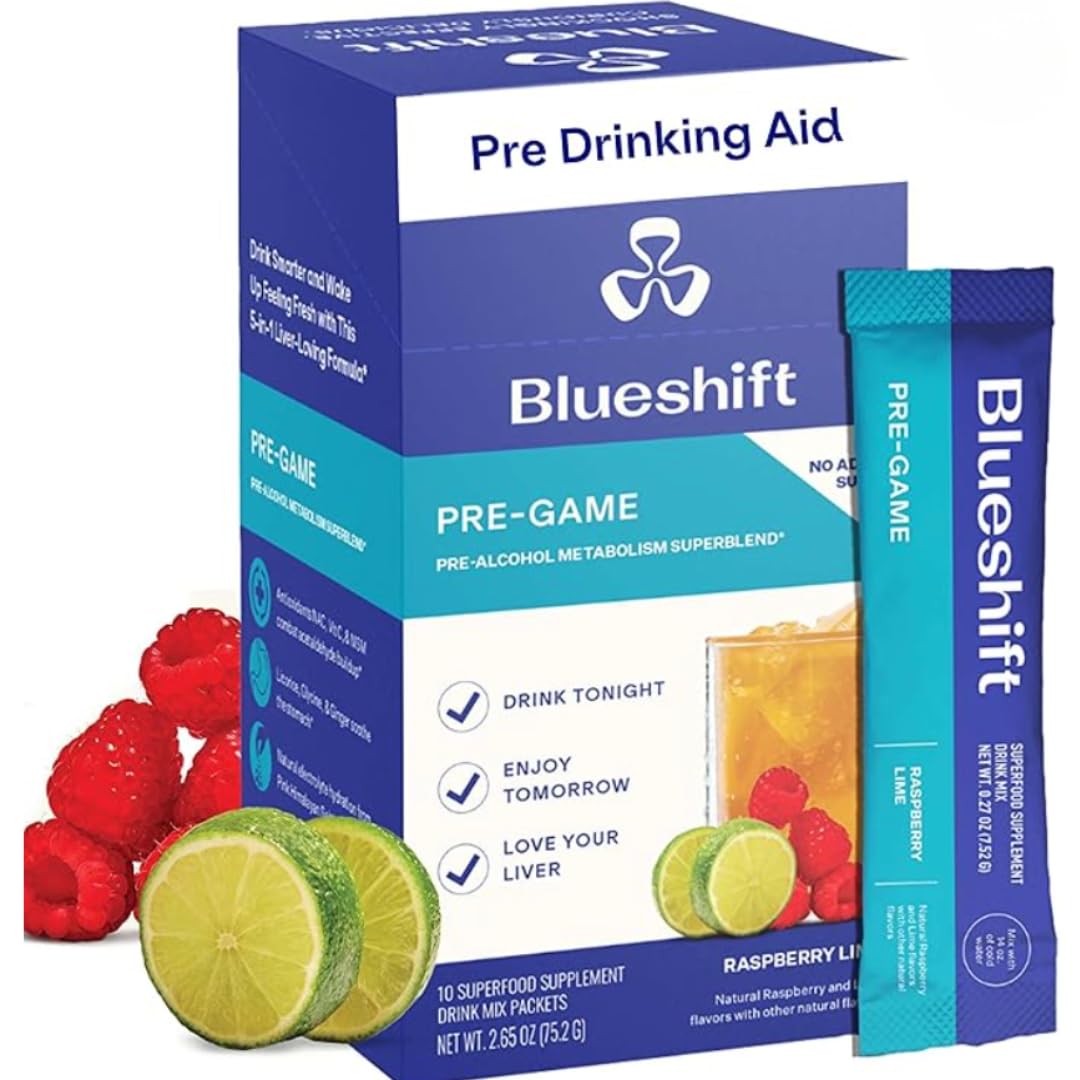 Blueshift Pre-Game raspberry lime packet ready to hydrate before social events.