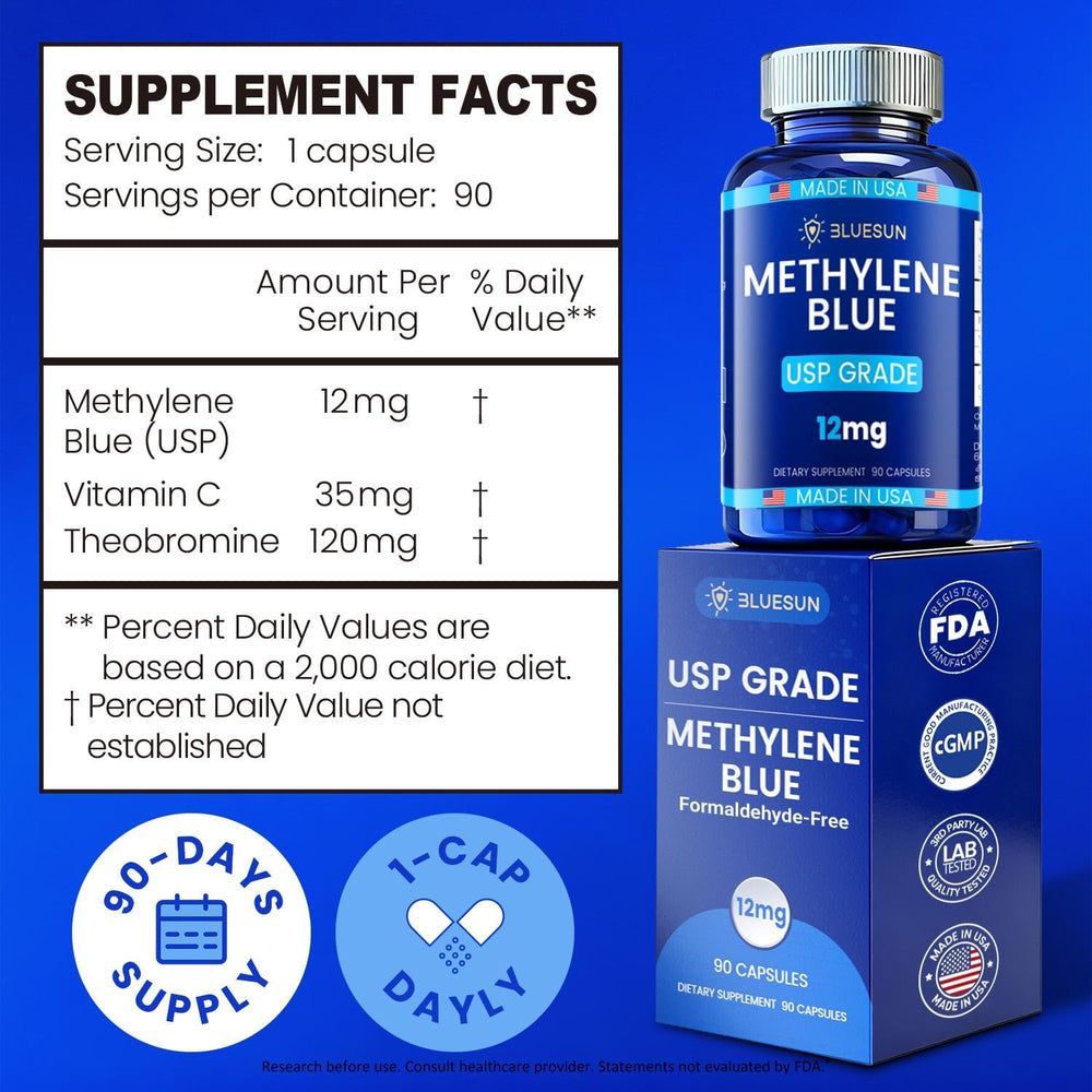 Bluesun Methylene Blue Capsules capsule close-up highlighting a clean formula