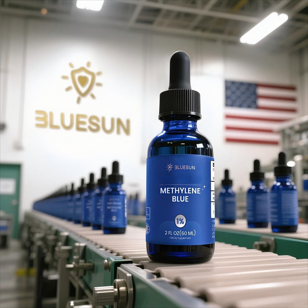 Dropper dispensing Bluesun Methylene Blue for controlled, accurate drops.
