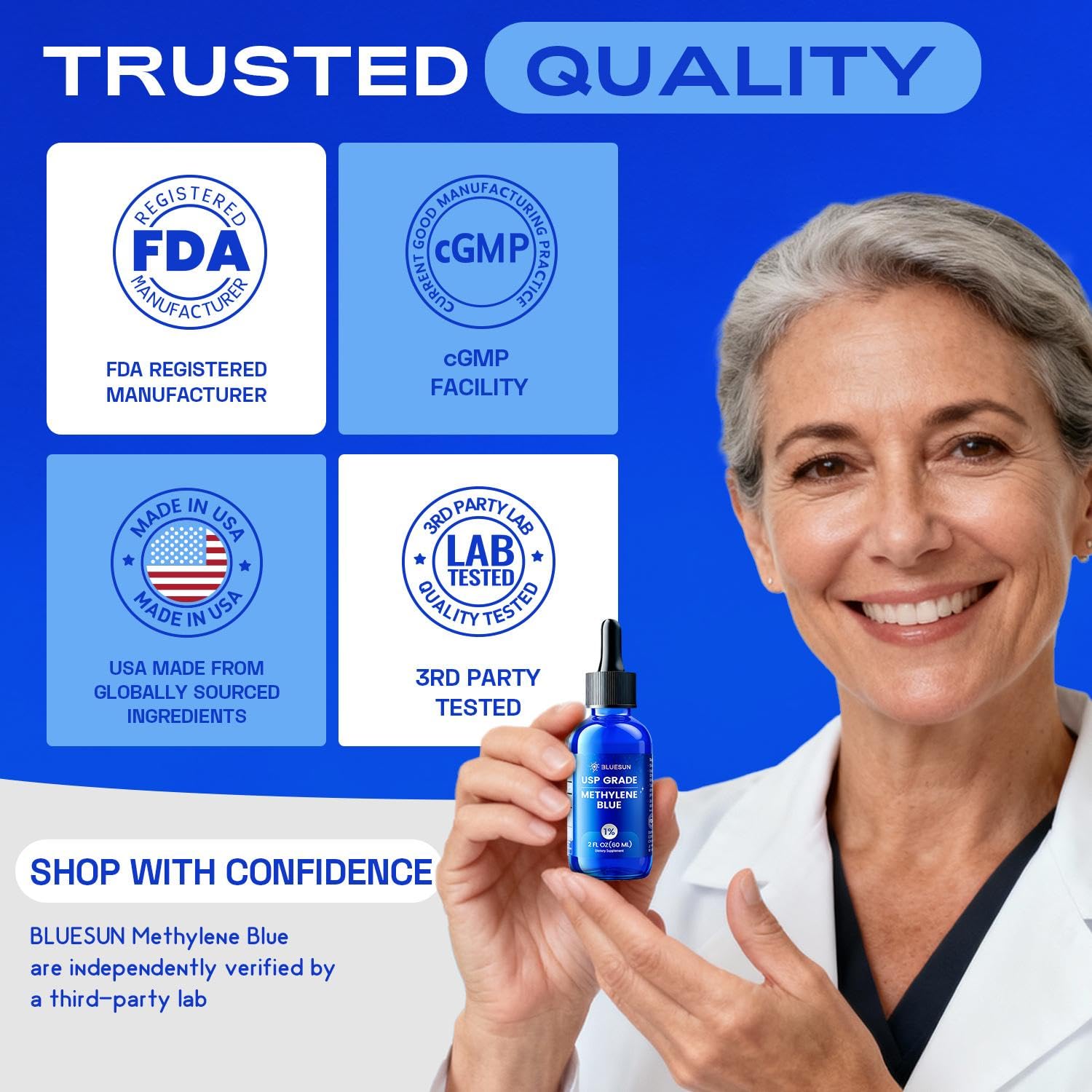Bluesun Methylene Blue Drops produced in a cGMP facility