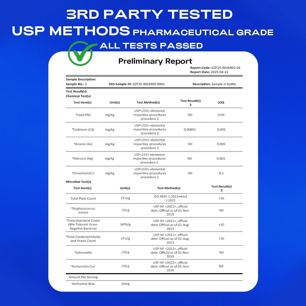Bluesun Methylene Blue Drops COA document confirms third‑party testing