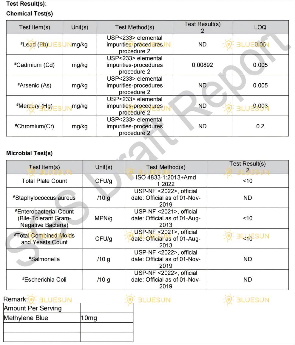 Independent lab seal highlights Bluesun Methylene Blue purity and testing.