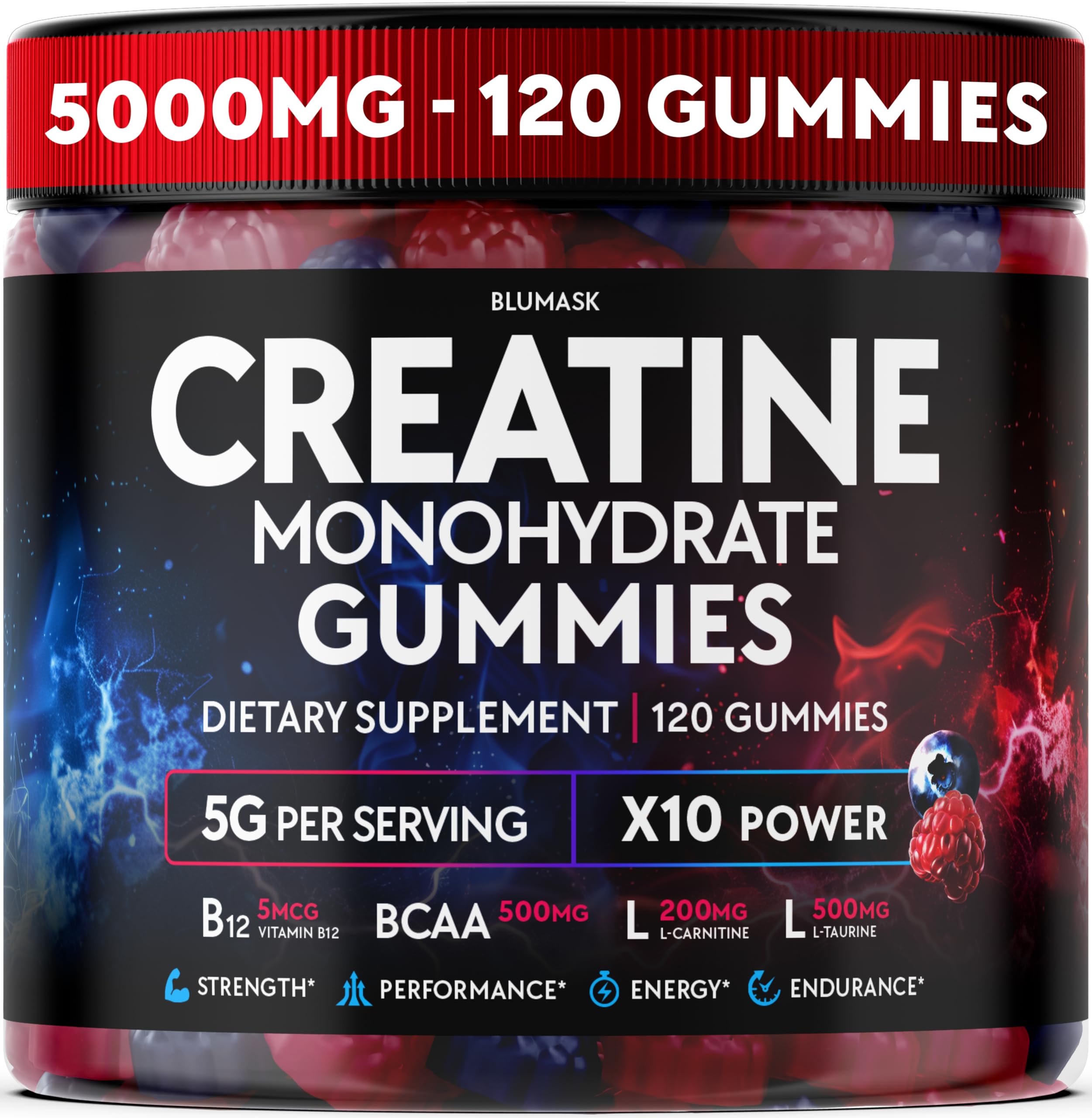 Blumask Lab Creatine Gummies bottle for convenient preworkout support.