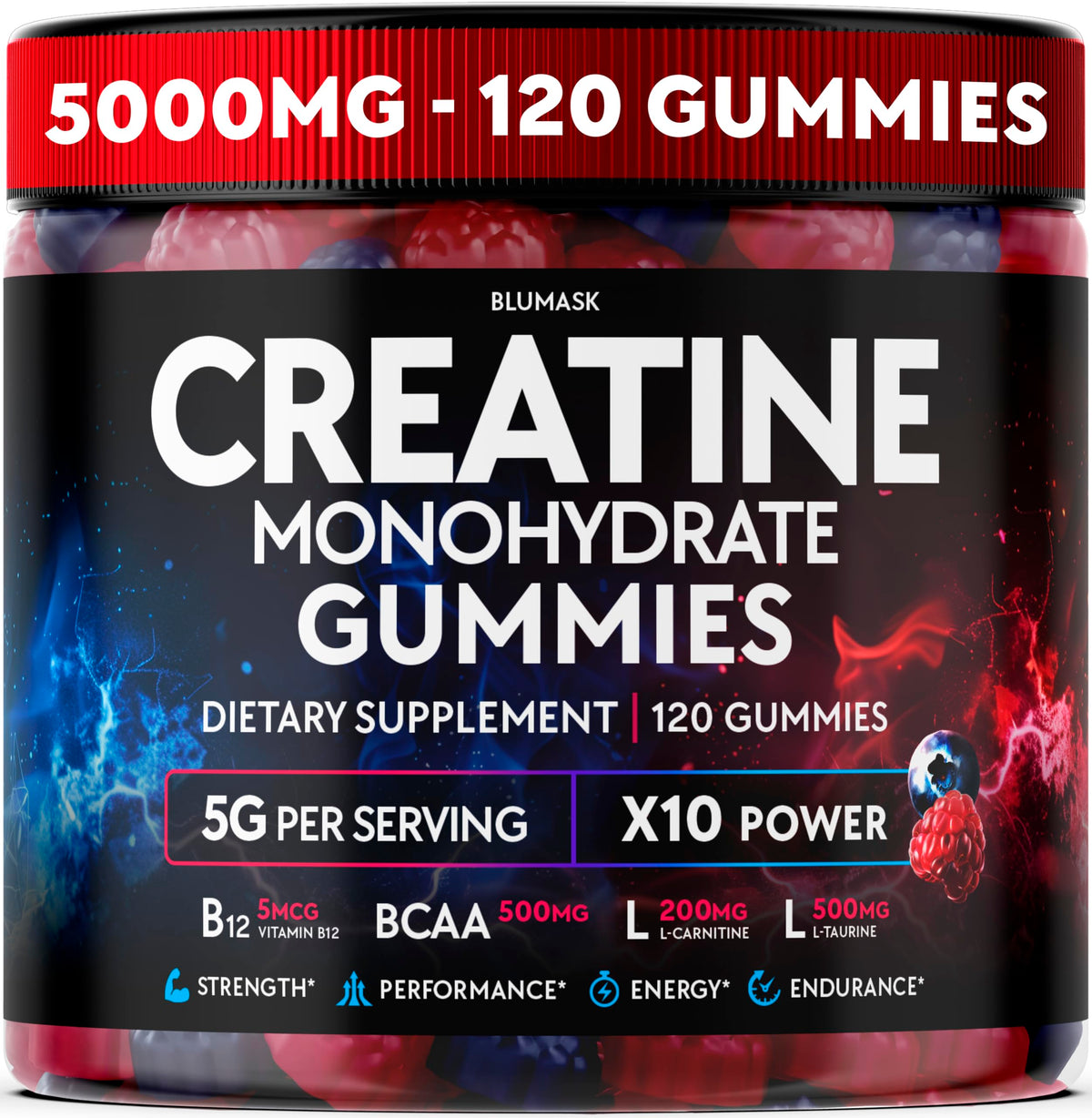 Blumask Lab Creatine Gummies bottle for convenient preworkout support.