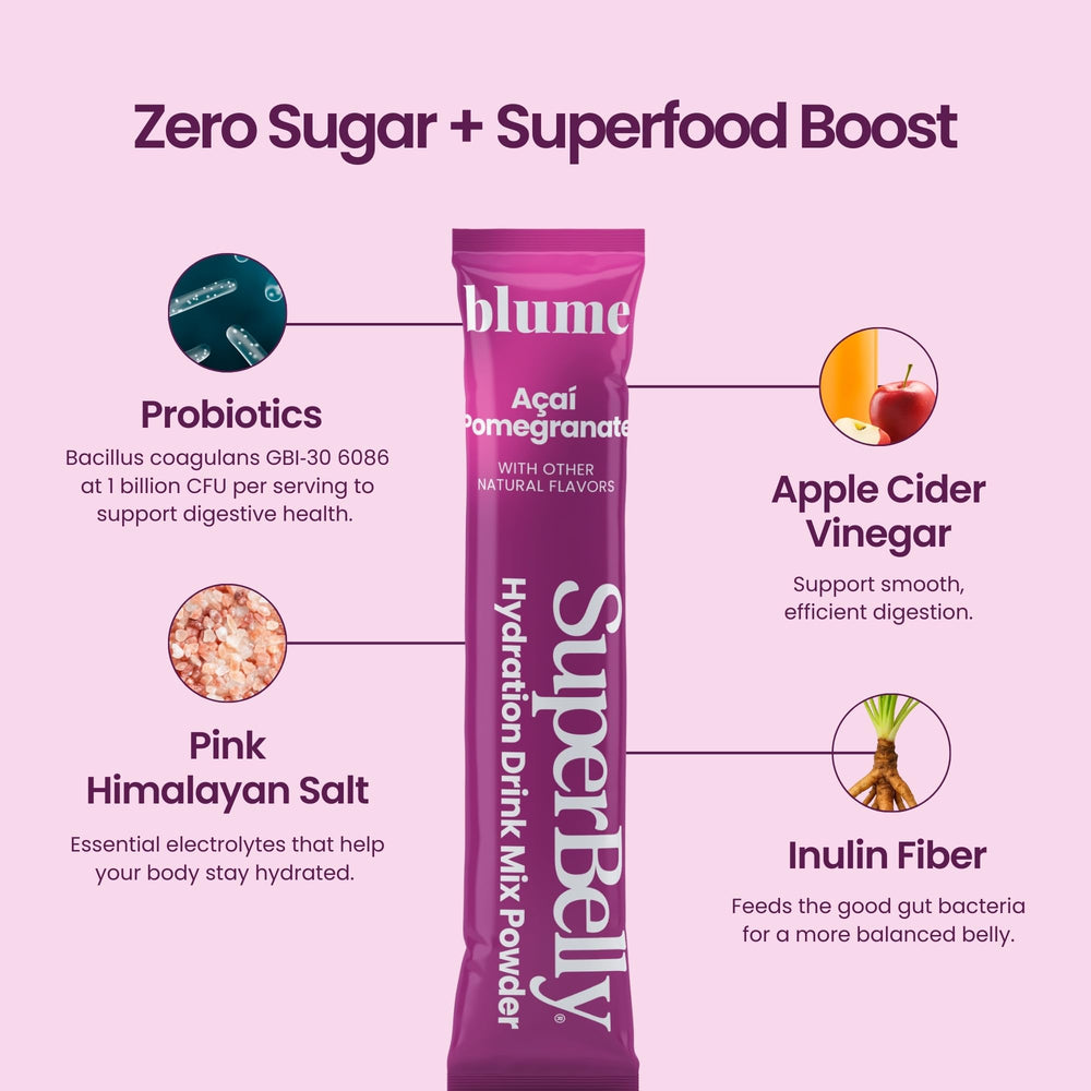 Blume SuperBelly BC30 probiotics illustration highlighting gut-friendly ingredients