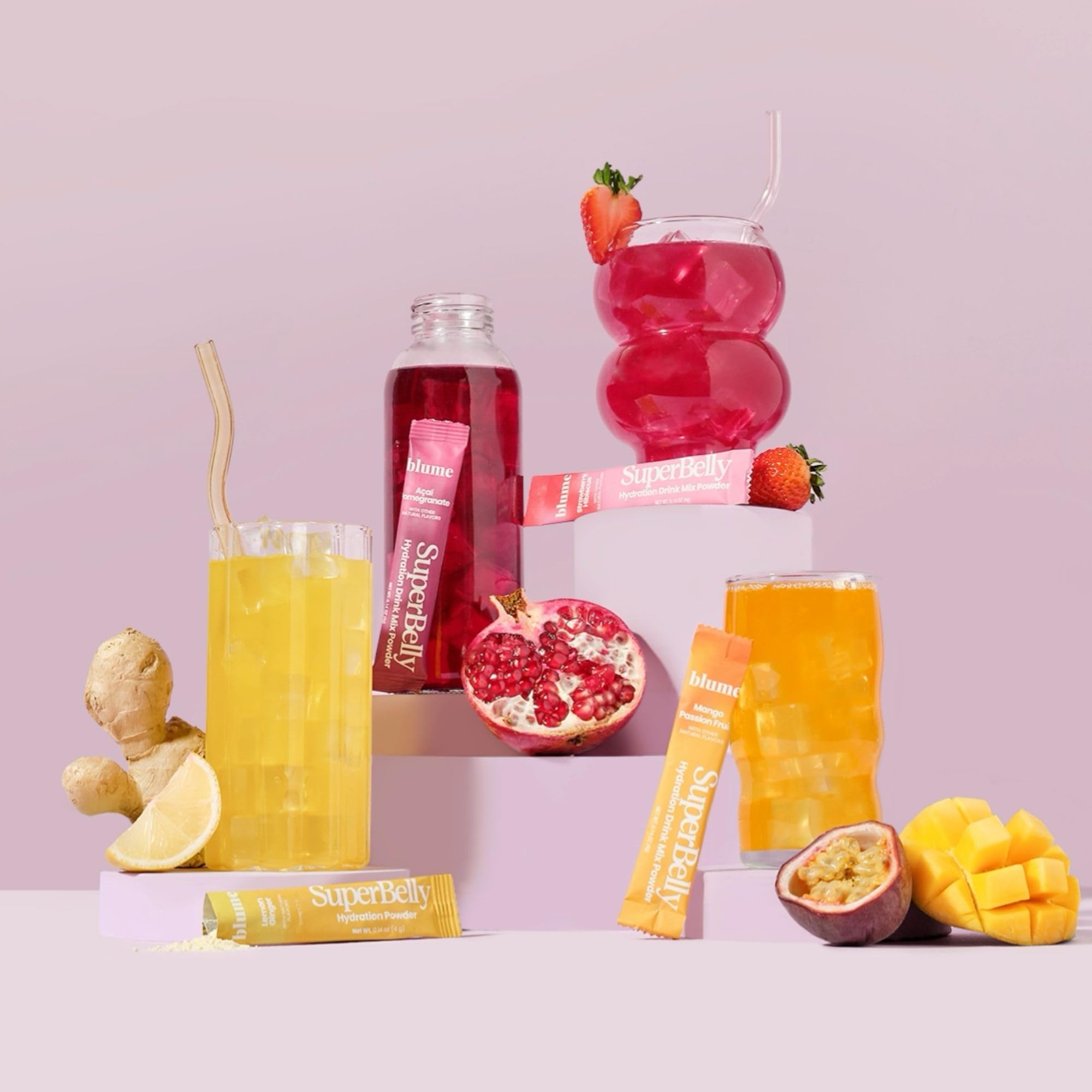 Blume SuperBelly electrolytes daily hydration visual conveys refreshed energy.