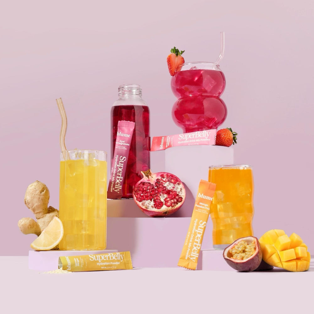 Blume SuperBelly electrolytes daily hydration visual conveys refreshed energy.