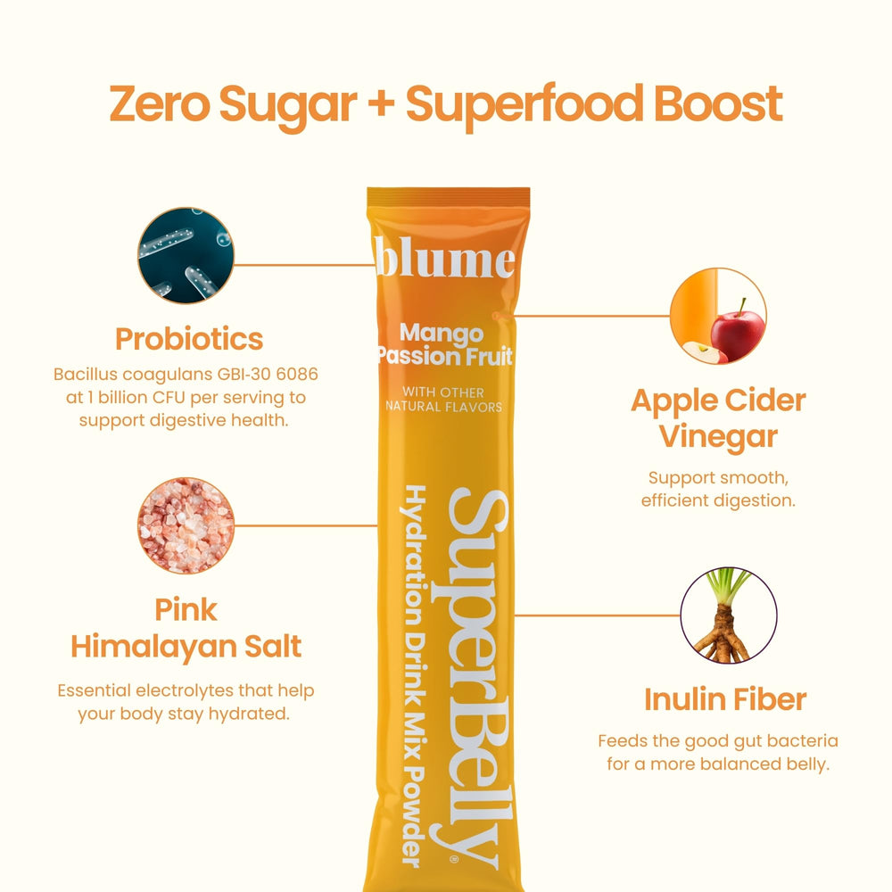 Blume SuperBelly mango passion fruit flavor evokes tropical refreshment.