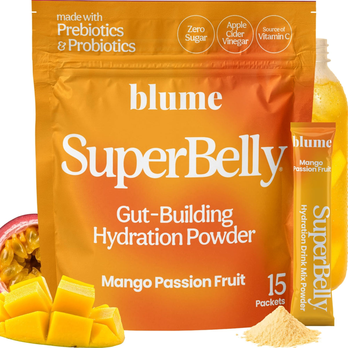 Blume SuperBelly front packaging highlights mango passion fruit flavor for daily hydration.