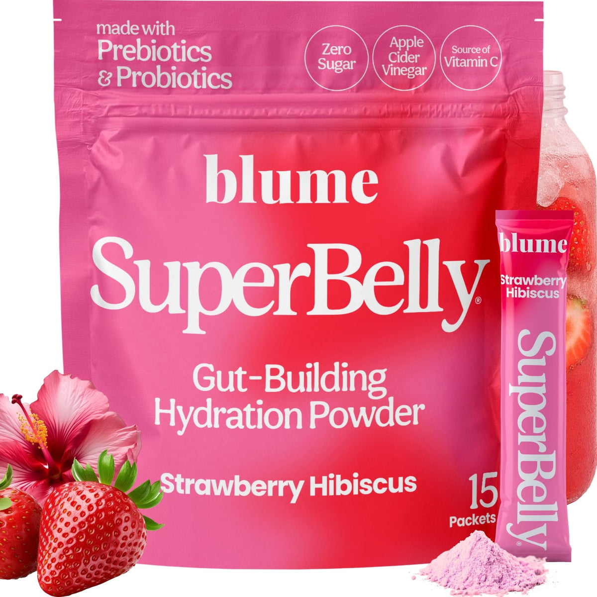 Blume SuperBelly hydration packets ready for daily hydration on the go.