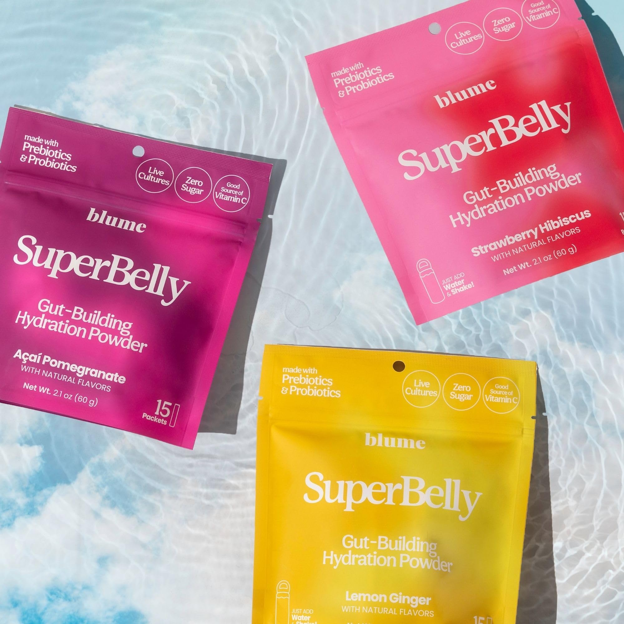 Blume SuperBelly sugar-free, caffeine-free hydration mix option.