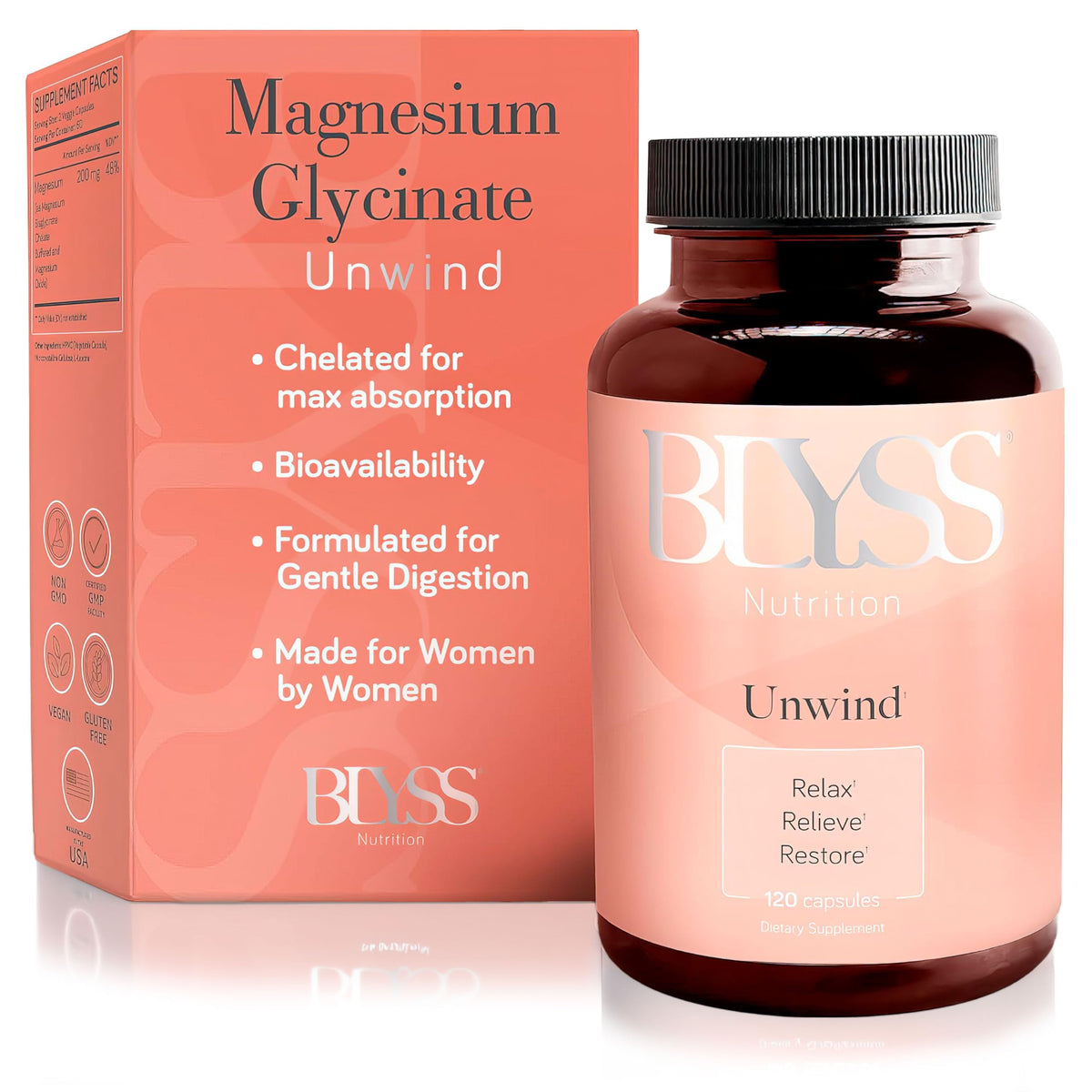 BLYSS Nutrition magnesium bisglycinate capsules bottle for daily relief and sleep support
