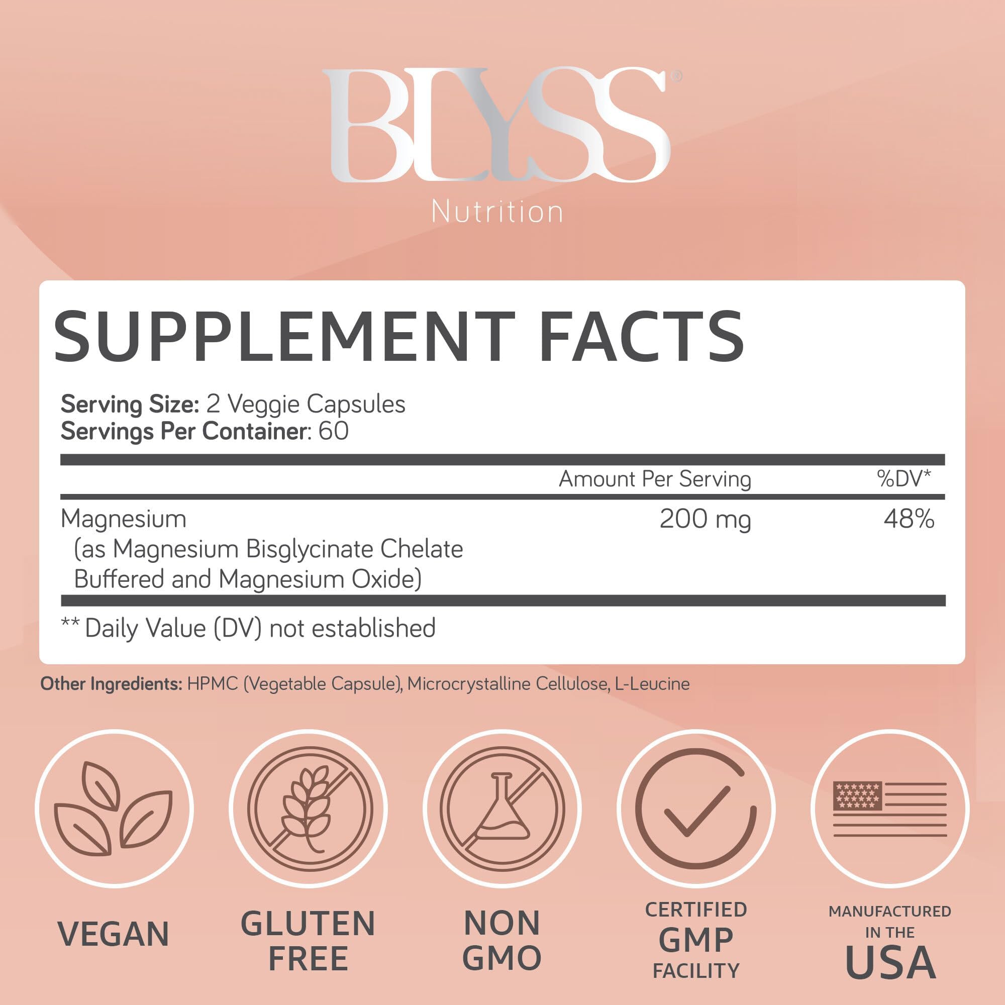 Close-up of the BLYSS Nutrition magnesium bisglycinate label showing 200mg per capsule