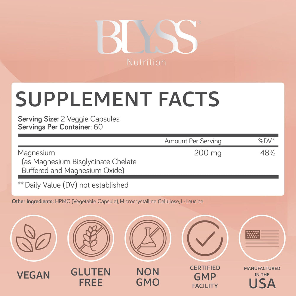 Close-up of the BLYSS Nutrition magnesium bisglycinate label showing 200mg per capsule