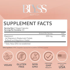 Close-up of the BLYSS Nutrition magnesium bisglycinate label showing 200mg per capsule