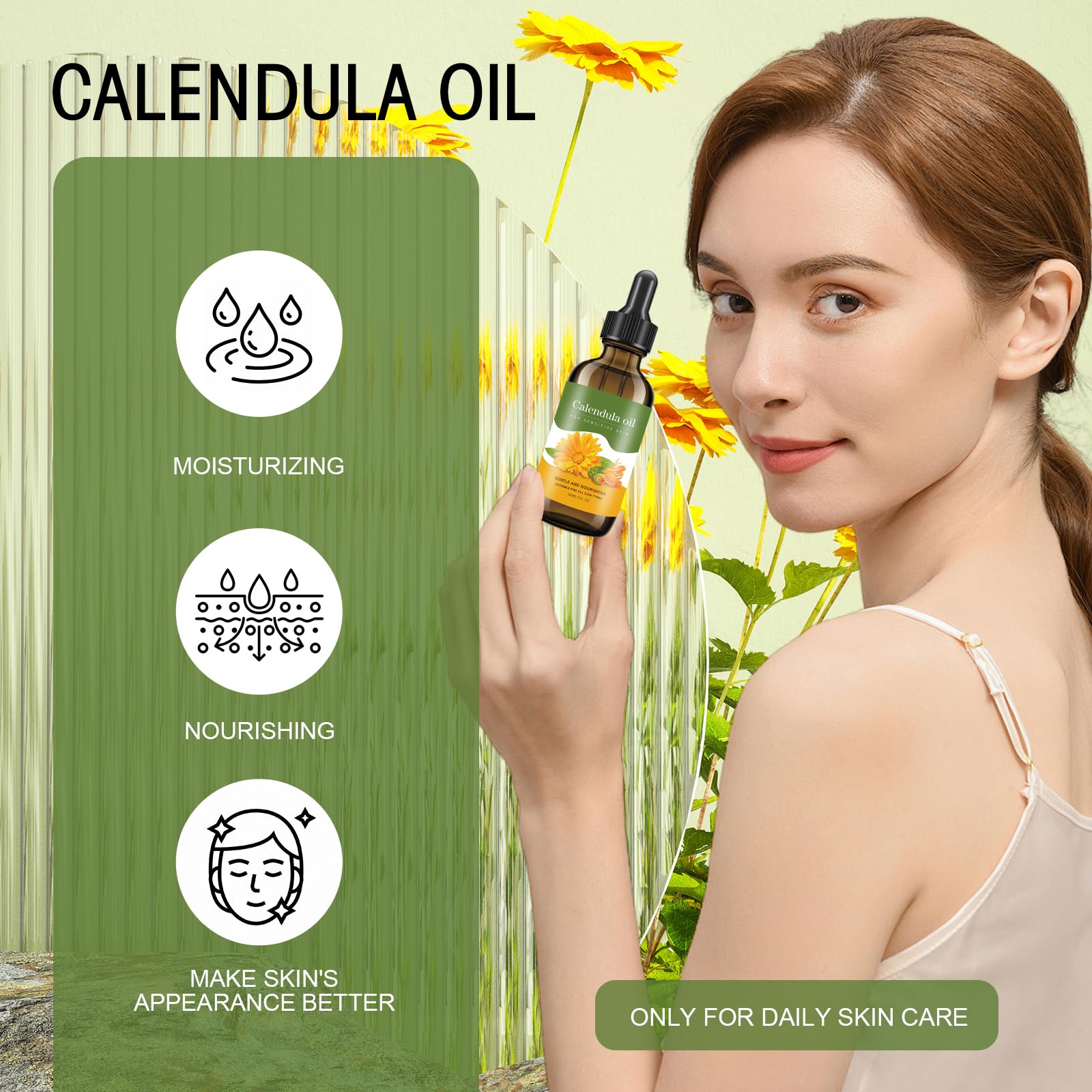 Bmrewax Calendula Oil on face provides hydration and nourishment.
