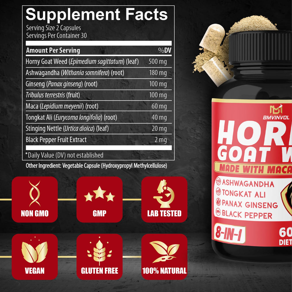 BMVINVOL Tribulus Ginseng Ashwagandha Maca Tongkat Ali nettle capsules, daily vitality support.