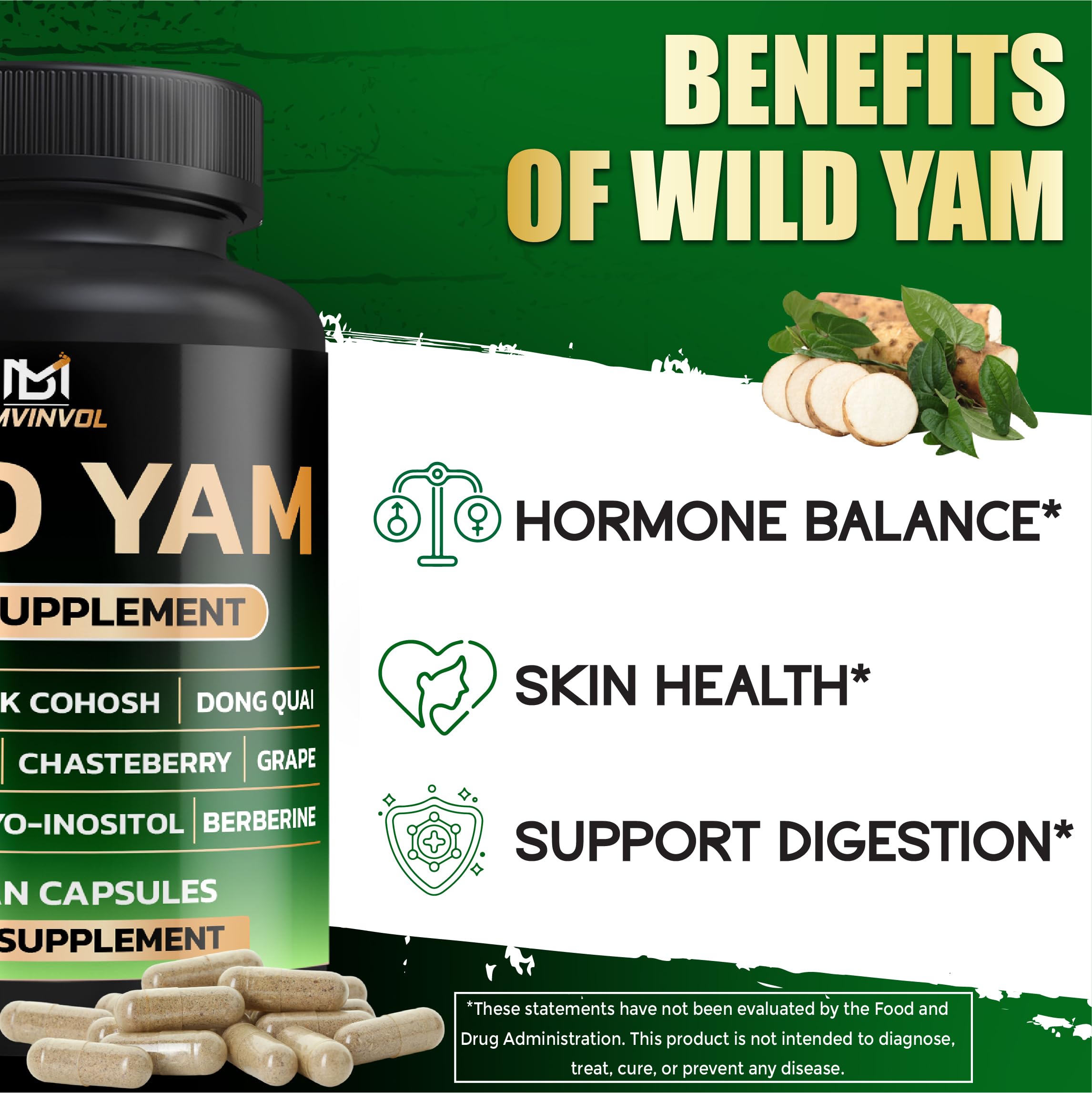 BMVINVOL Wild Yam ingredients chart showcasing key herbs and minerals.