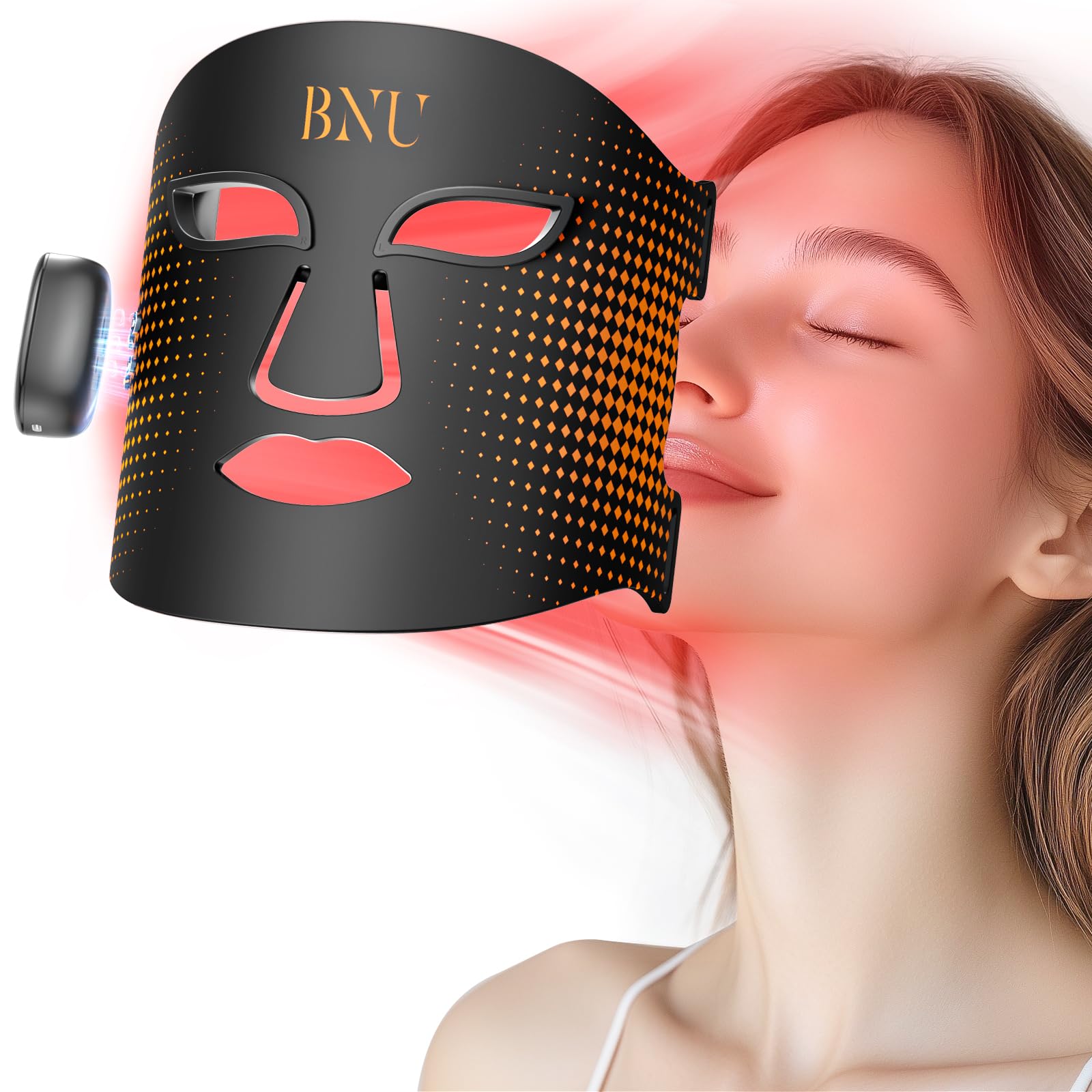 BNU wireless LED face mask worn for hands-free at-home light therapy sessions
