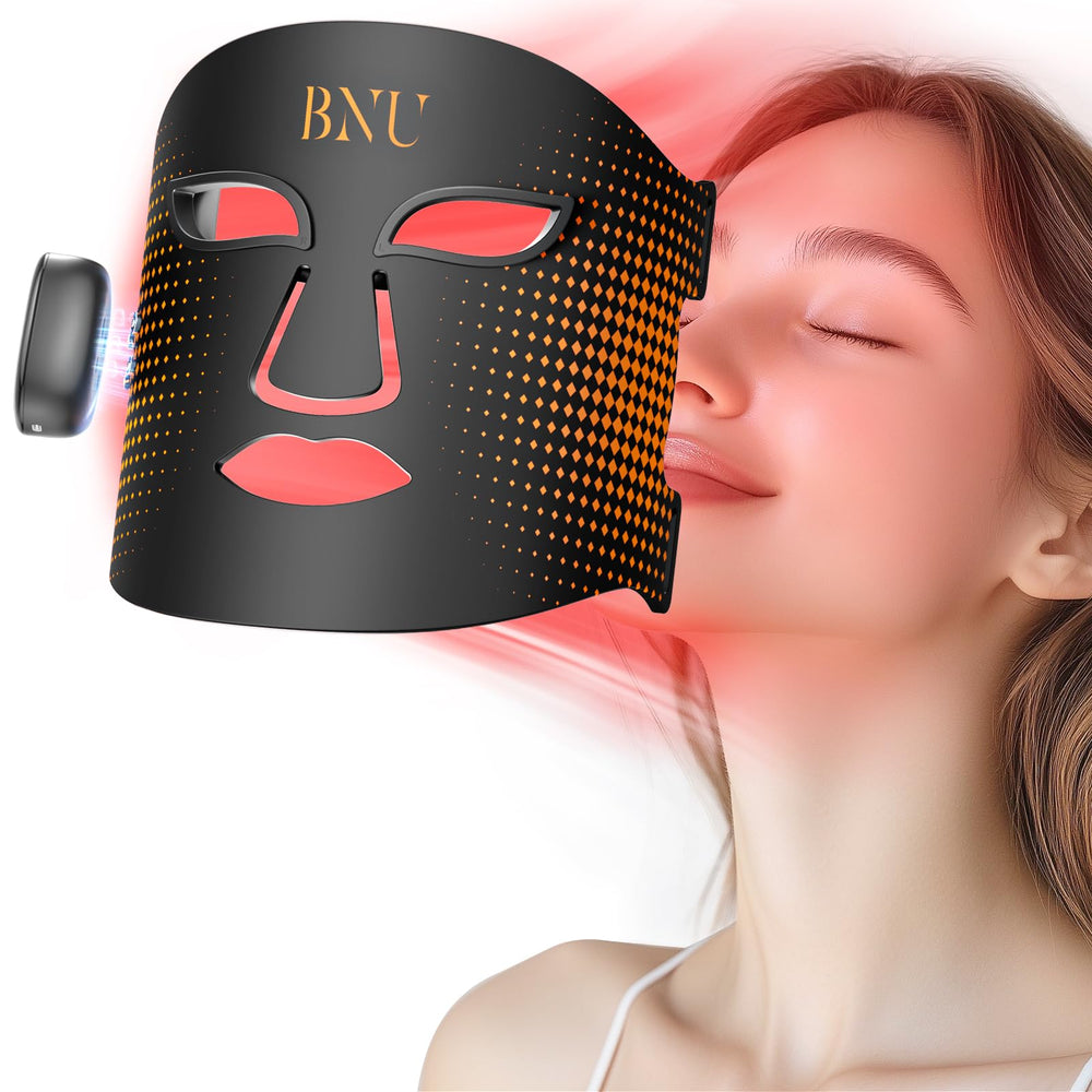 BNU wireless LED face mask worn for hands-free at-home light therapy sessions