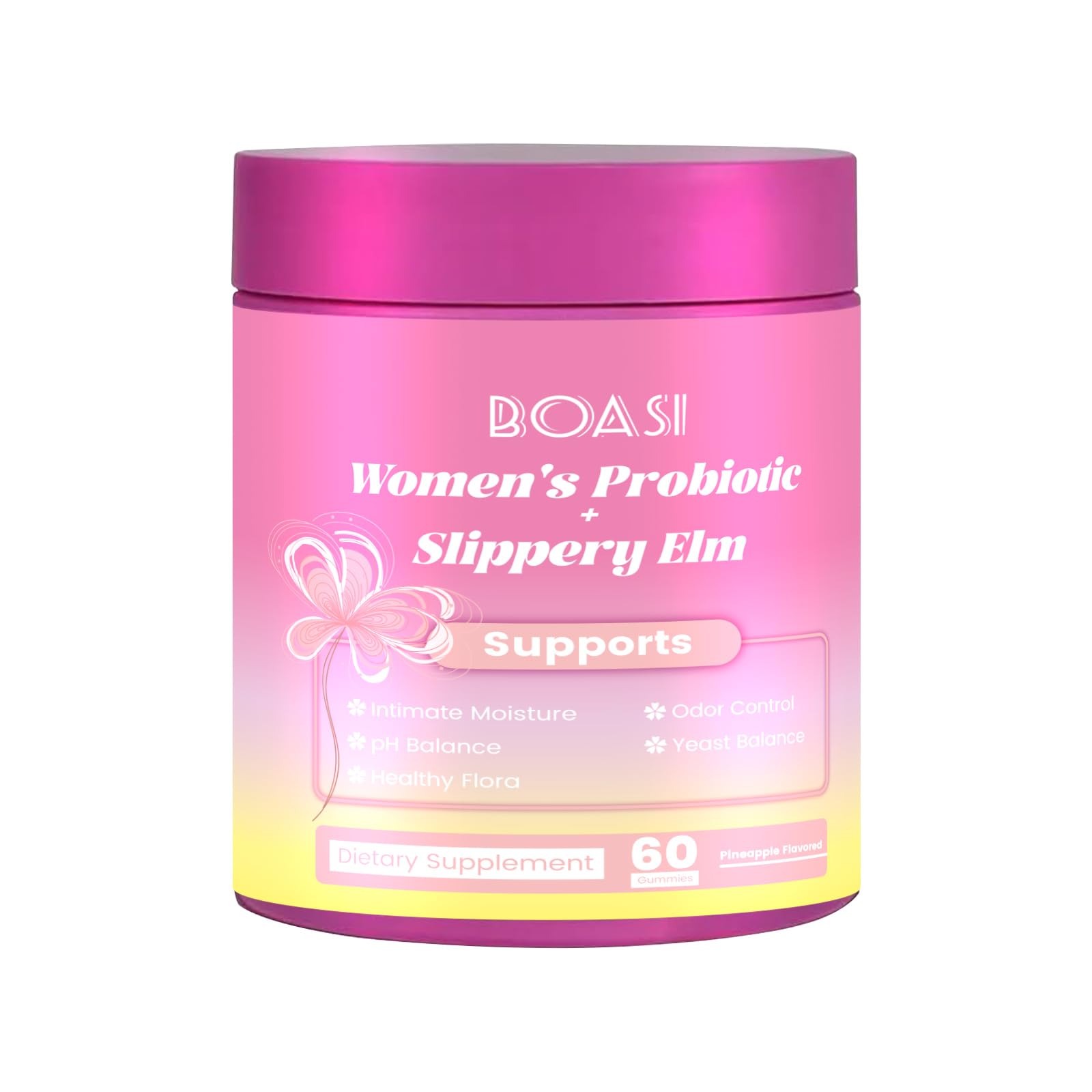 Boasi Women's Probiotics Slippery Elm Gummies bottle shown for daily vaginal and digestive support