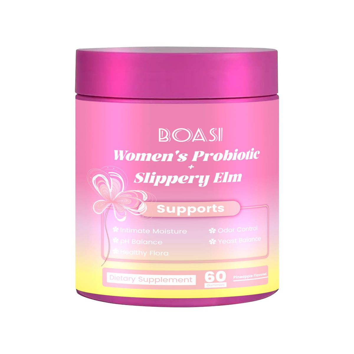 Boasi Women's Probiotics Slippery Elm Gummies bottle shown for daily vaginal and digestive support