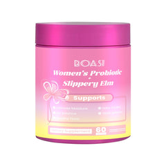 Boasi Women's Probiotics Slippery Elm Gummies bottle shown for daily vaginal and digestive support