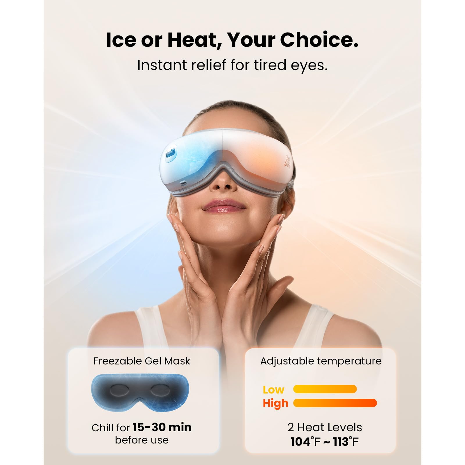 NTC temperature control on Bob and Brad Zero Pro Eye Massager with 104°F/113°F options