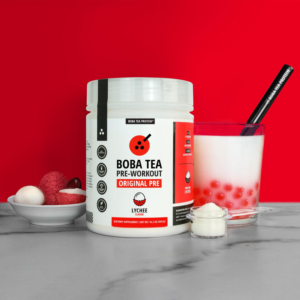 Boba Tea Protein lychee pre-workout bottle-label shows caffeine range and serving guidance.