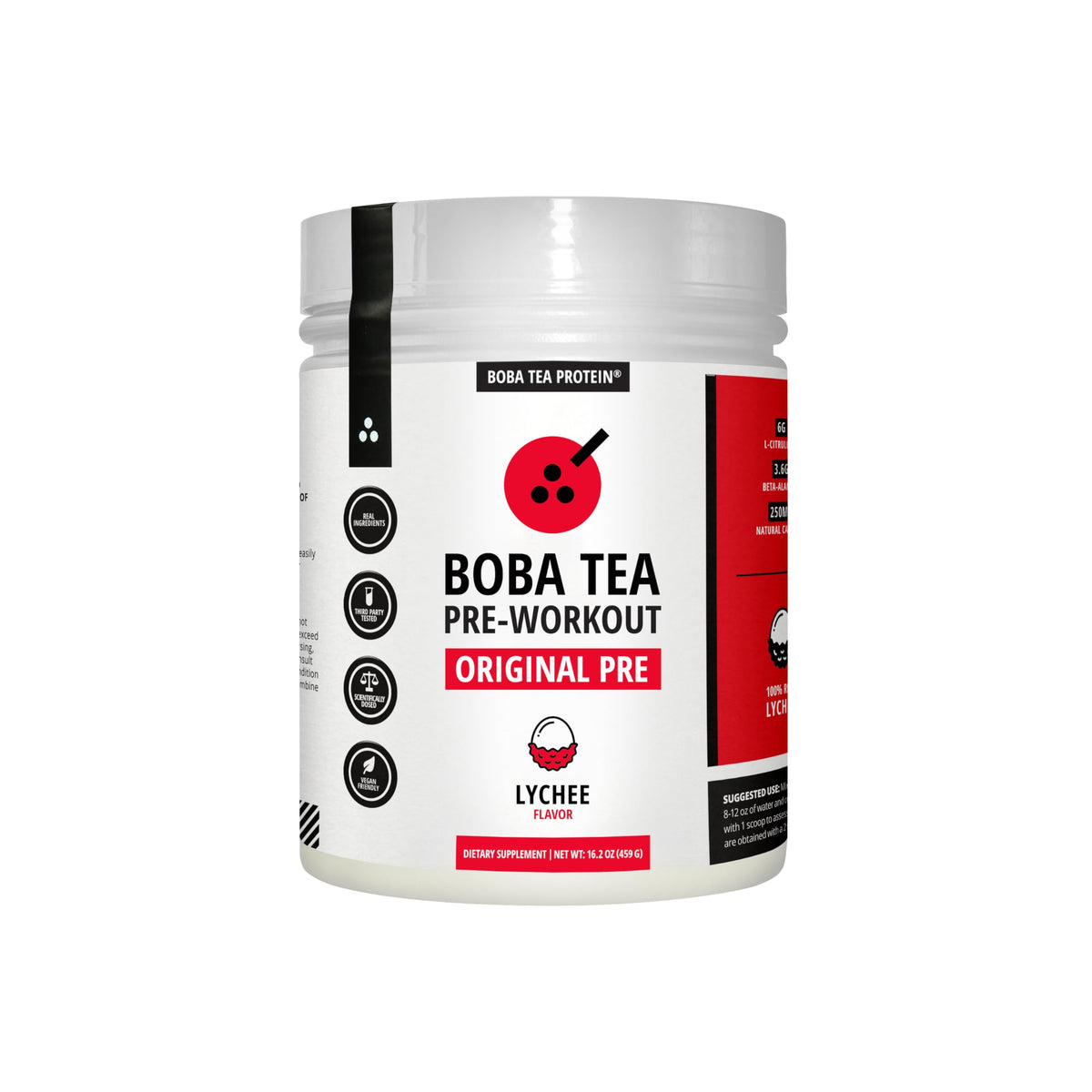 Boba Tea Protein lychee pre-workout can shows vibrant color from real lychee juice.