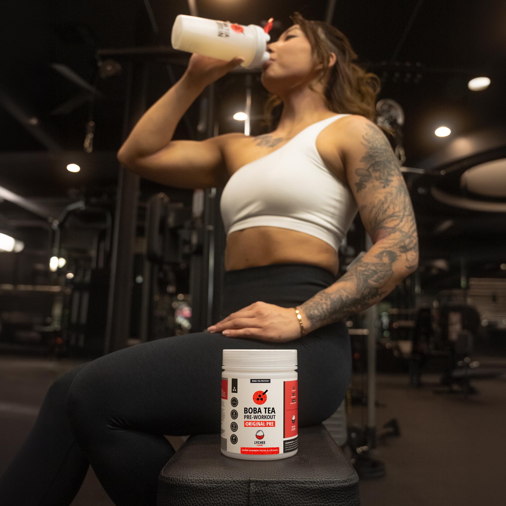 Boba Tea Protein lychee pre-workout glass ready to mix for your session.