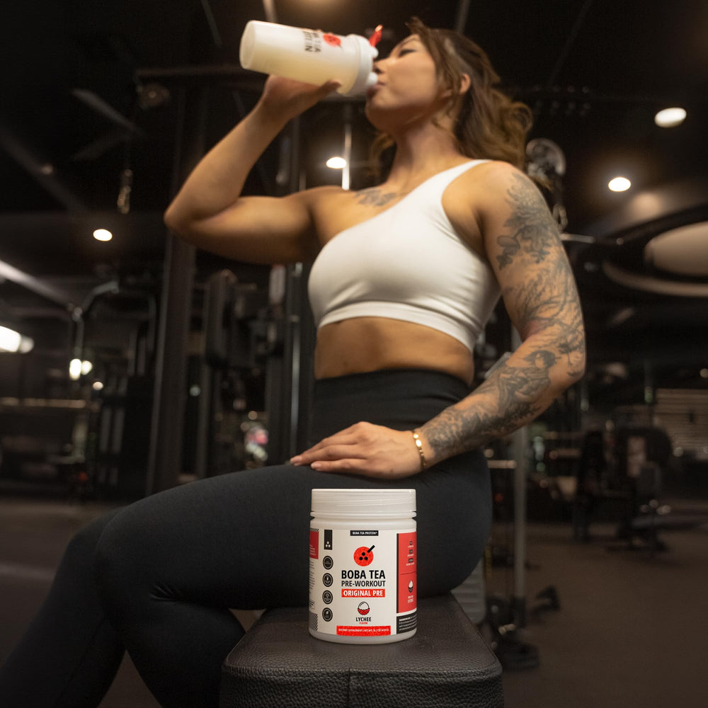 Boba Tea Protein lychee pre-workout glass ready to mix for your session.