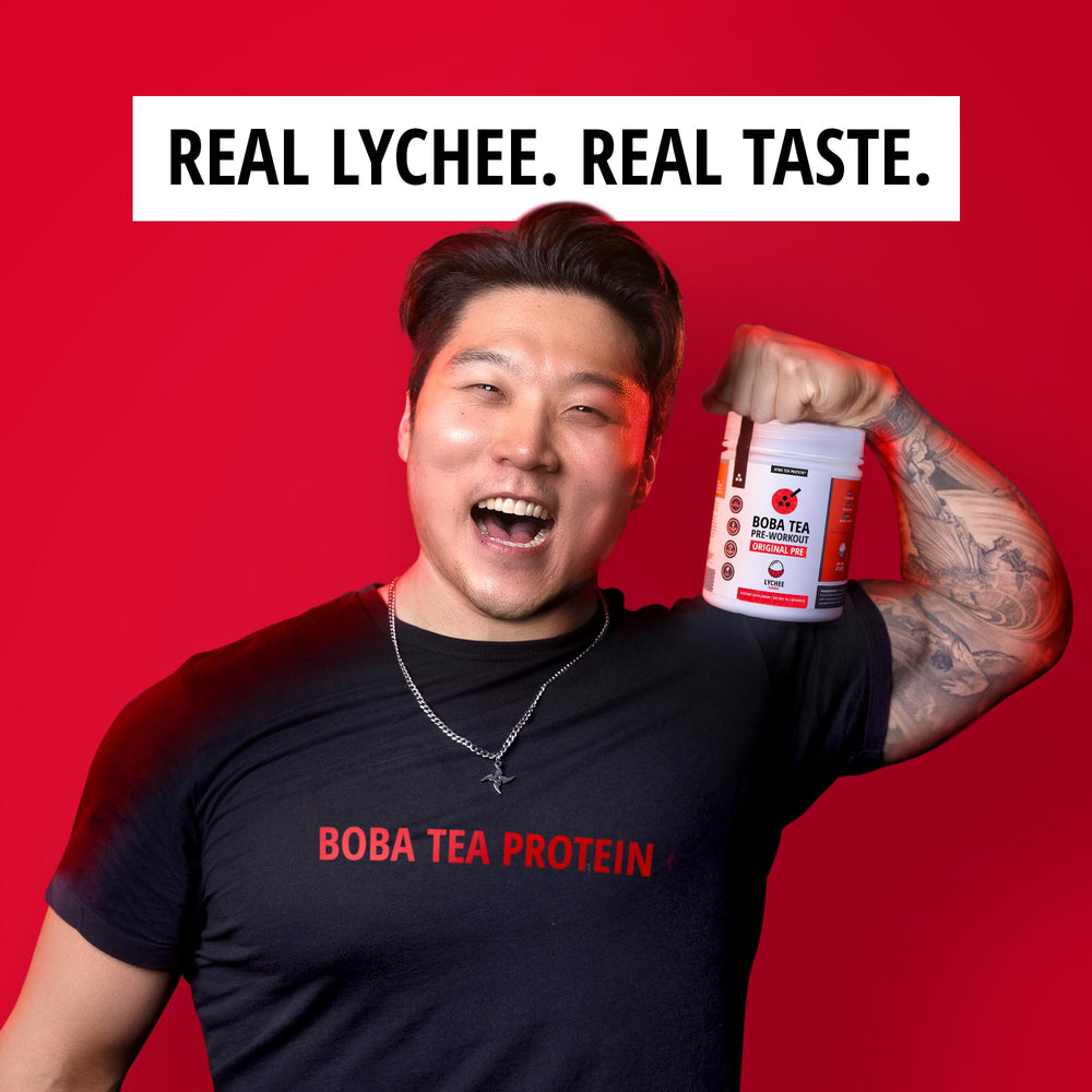 Boba Tea Protein lychee pre-workout ingredients panel emphasizes natural caffeine and amino blends.
