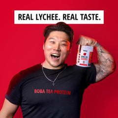 Boba Tea Protein lychee pre-workout ingredients panel emphasizes natural caffeine and amino blends.