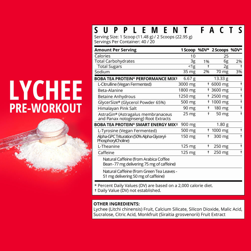 Boba Tea Protein lychee pre-workout pour demonstrates smooth energy for training.