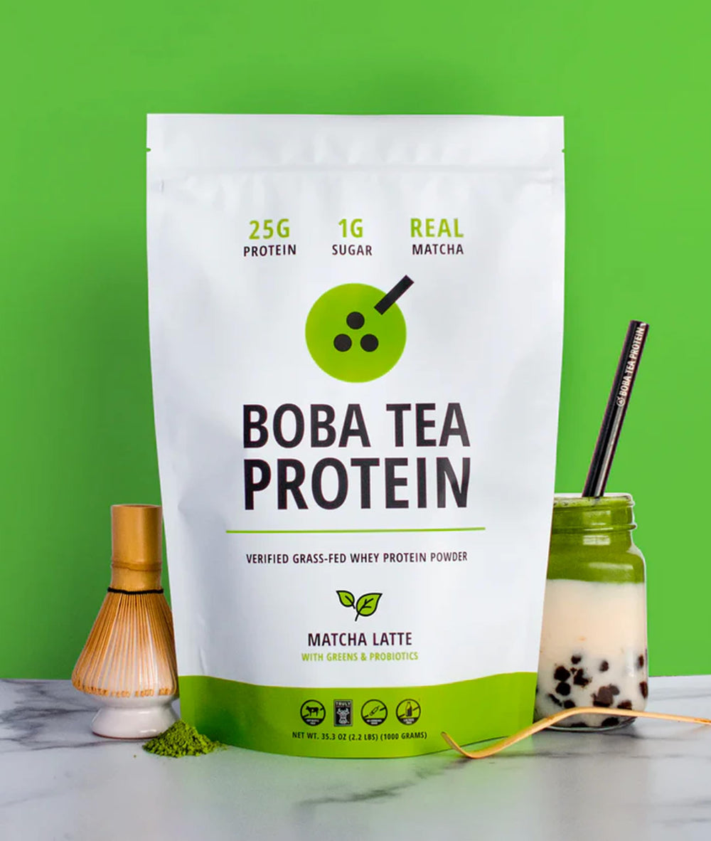 Boba Tea Protein Matcha Latte bottle label emphasizes gluten-free and lactose-free options.