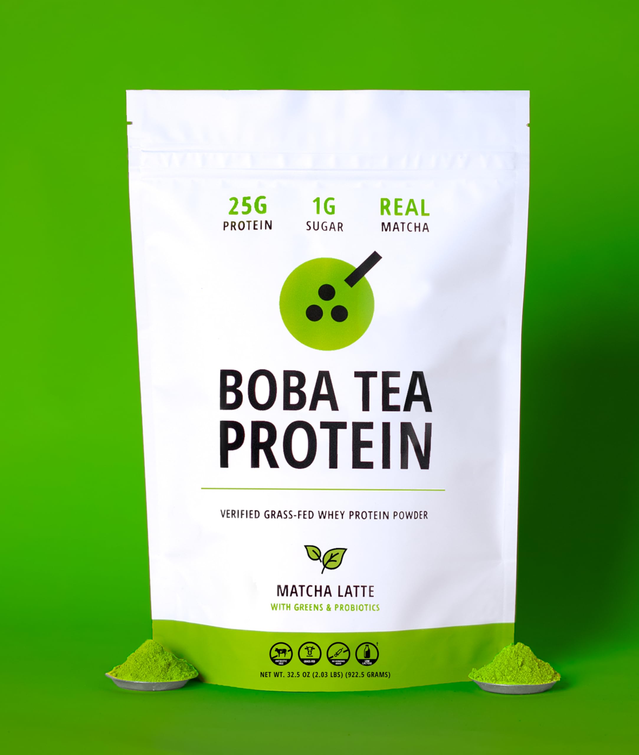 Ingredients panel highlights real matcha, organic taro, and monk fruit sweetener.