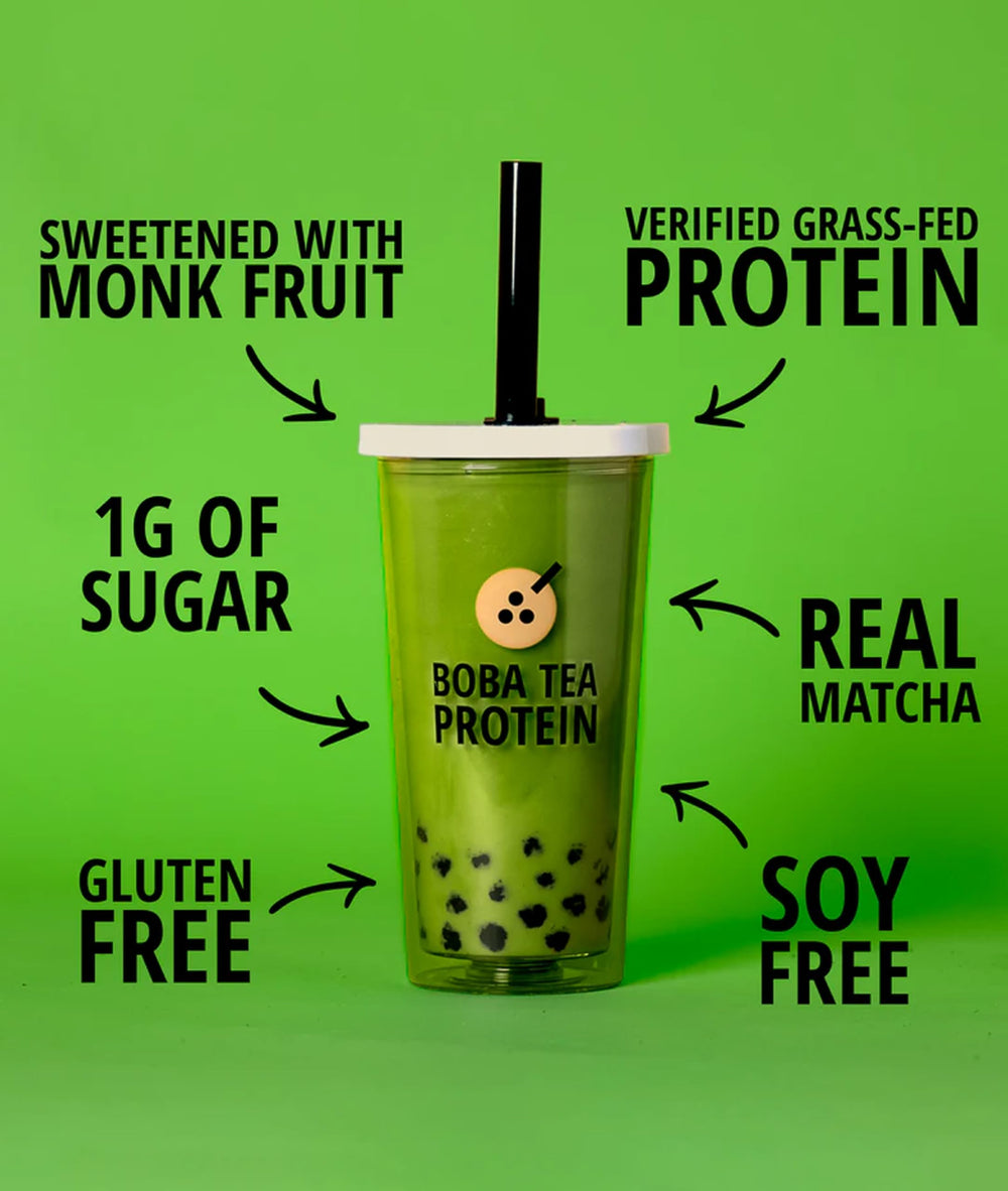 Measuring scoop and powder showing 25g protein per serving.