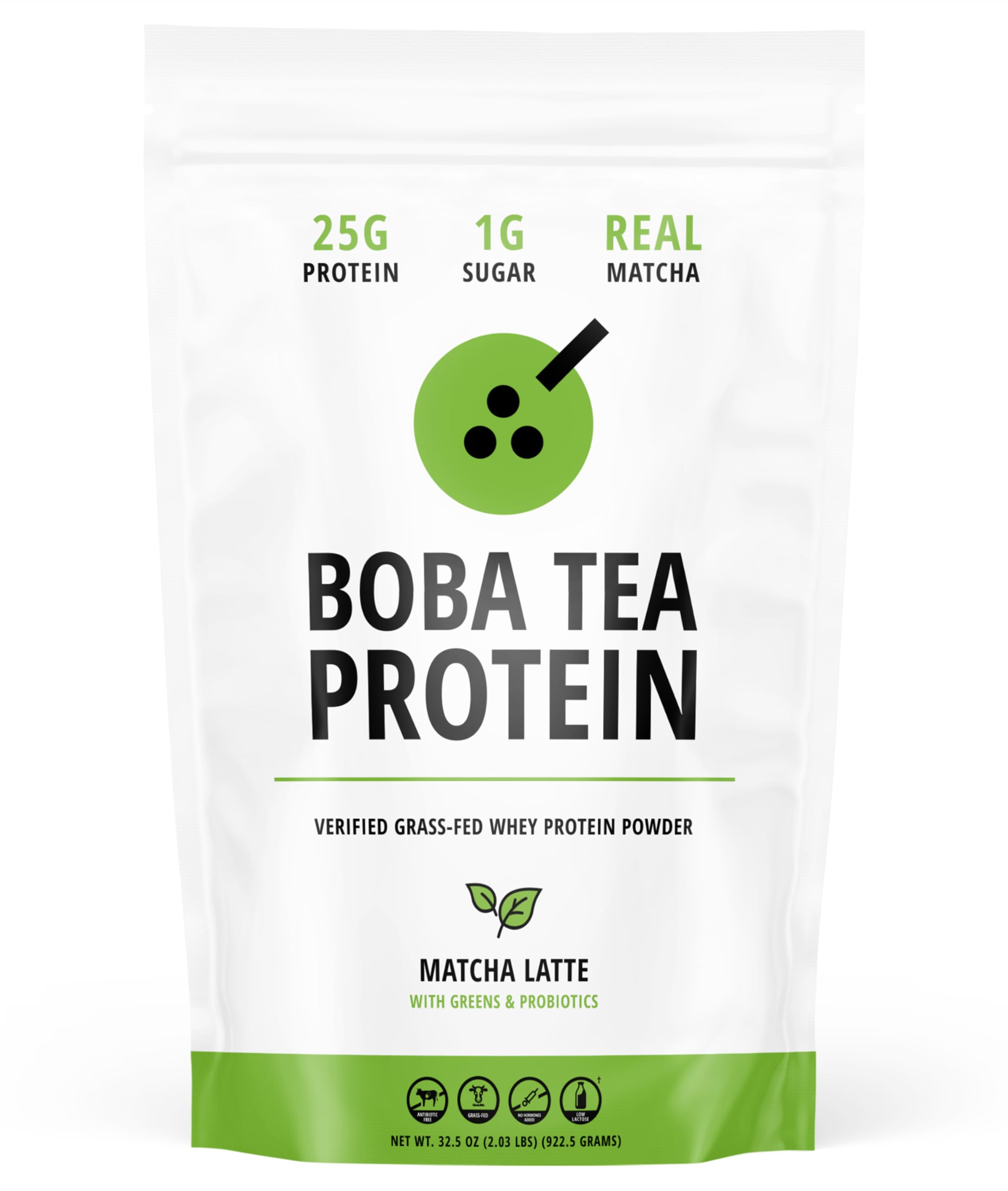 Boba Tea Protein Matcha Latte pouch highlighting real ingredients for authentic flavor.