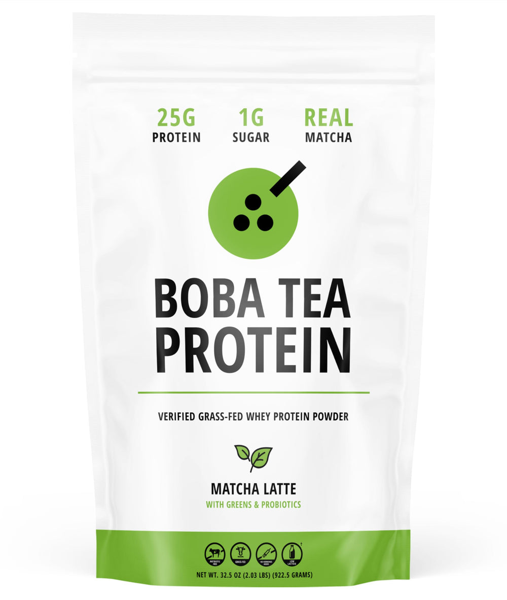Boba Tea Protein Matcha Latte pouch highlighting real ingredients for authentic flavor.