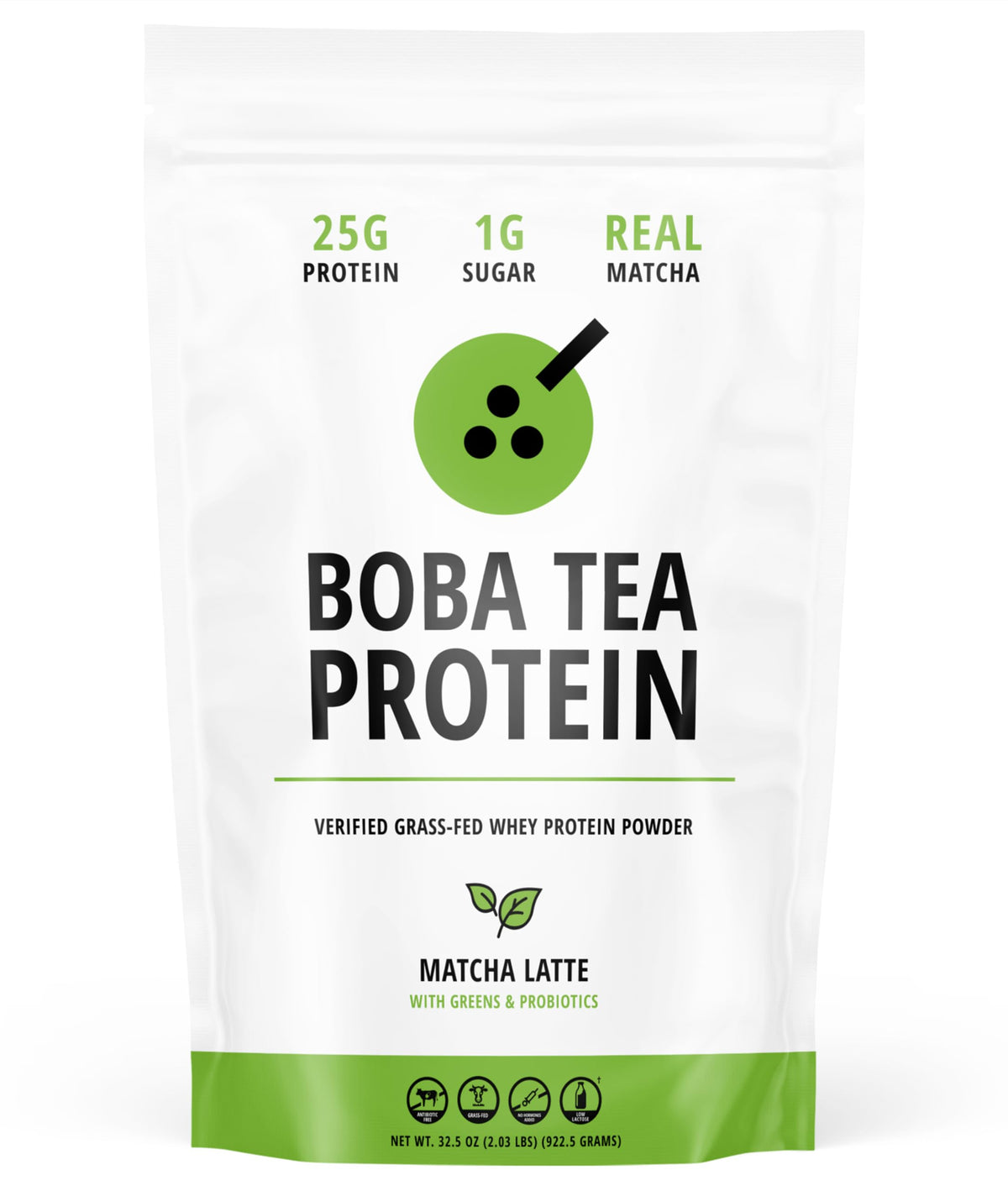 Boba Tea Protein Matcha Latte pouch highlighting real ingredients for authentic flavor.