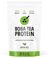Boba Tea Protein Matcha Latte pouch highlighting real ingredients for authentic flavor.