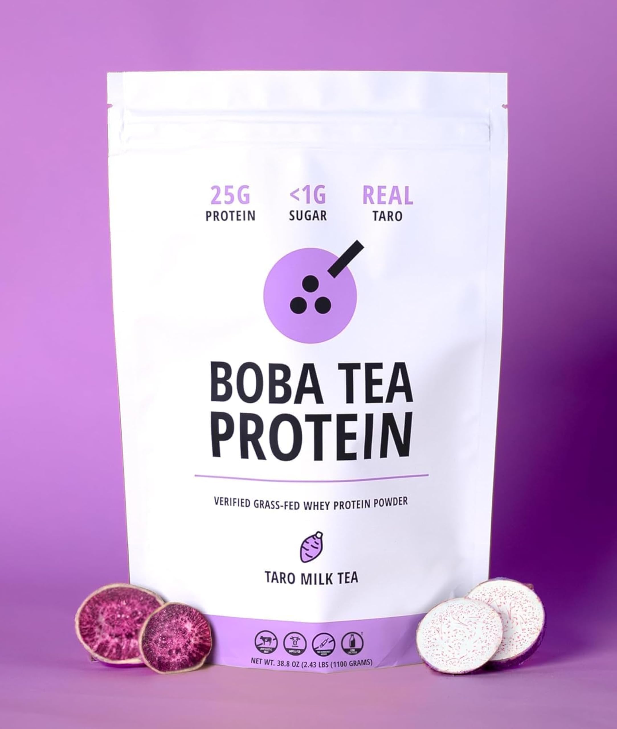 Boba Tea Protein taro milk drink in a glass showcases authentic flavor.