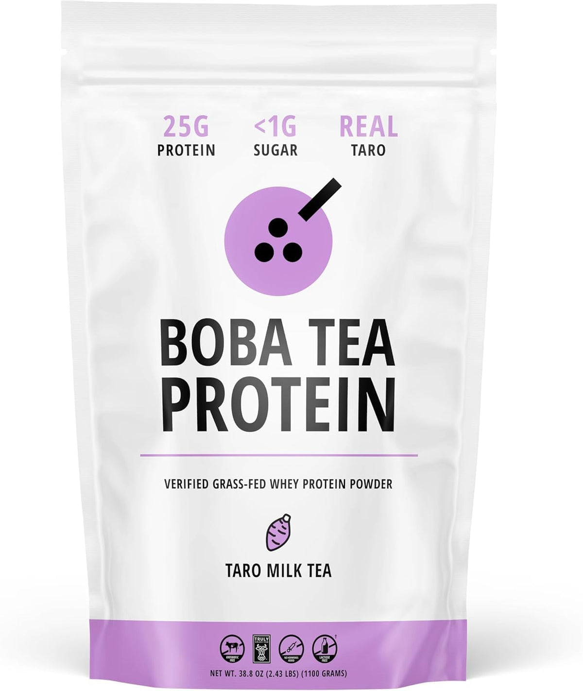Boba Tea Protein taro milk powder packaging highlights real ingredients and lactose-free appeal.