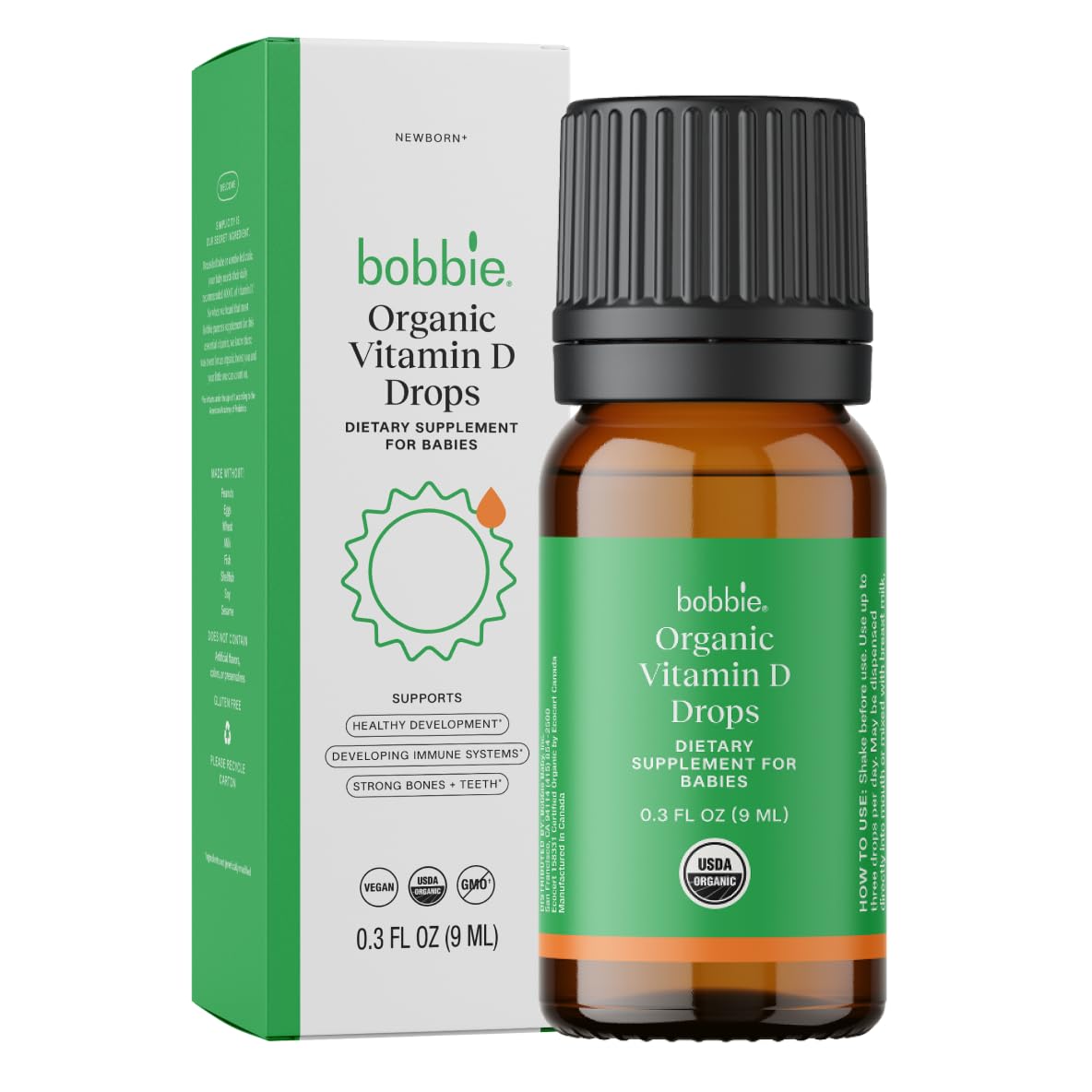 Bobbie Organic Vitamin D Drops bottle for easy daily dosing.